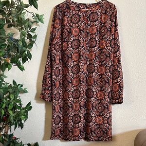 LOFT Black and Red Patterned Long Sleeve Dress